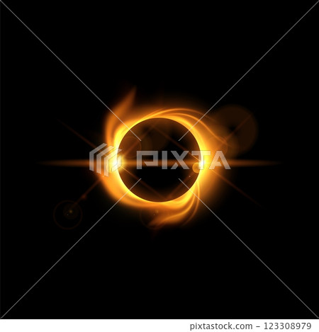 Solar eclipse with burning effect, vector orange glowing full planet eclipse with fire flame vortex in dark universe 123308979