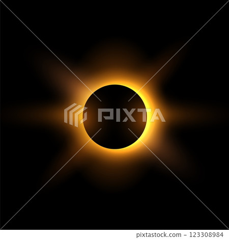 Solar eclipse with sunlight and rays, vector realistic full planet eclipse in dark universe, golden glowing space planet 123308984