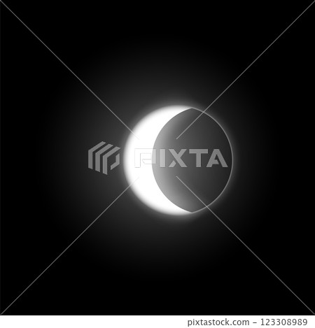 Solar or moon eclipse, vector crescent on round aura, lunar halo, realistic white glowing space planet in dark universe 123308989