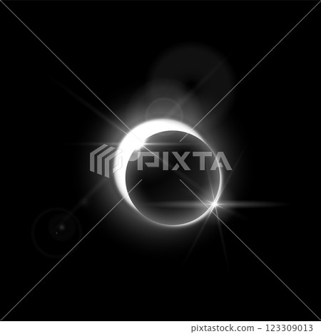 Solar or moon eclipse with spark and halo effects, vector white glowing crescent on round aura and globe dark silhouette 123309013