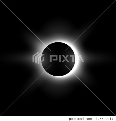Solar or moon eclipse with light rays, vector realistic full planet eclipse in dark universe, white glowing space star 123309015