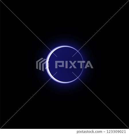 Moon or solar eclipse, vector realistic almost full planet eclipse in dark universe, white shiny crescent on round aura 123309021