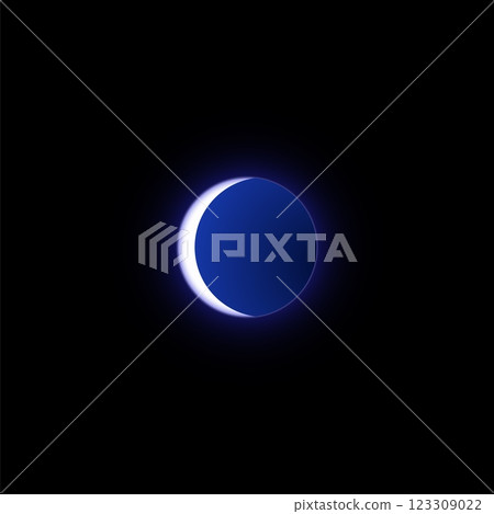 Moon or solar eclipse, shiny crescent on round aura, white glowing lunar halo, vector realistic planet in dark universe 123309022