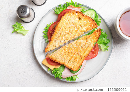 Fresh club sandwich cut in half 123309031
