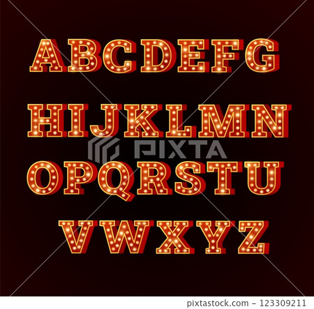 Vector illustration of English alphabet letters with lights in retro circus style. 123309211