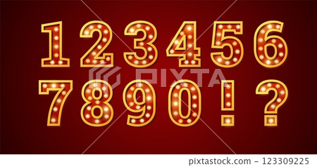 Vector illustration of a set of retro numbers and signs in circus style with glowing bulbs. 123309225