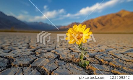 A single yellow flower growing in the cracked earth of an arid desert. 123309242