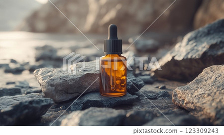 A bottle of face serum with amber liquid, lying on top of rocks. 123309243