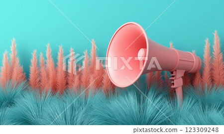 A pink megaphone sits atop tall grass, with a teal background. 123309248