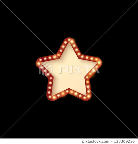 Glowing light bulbs on red star frame, lamp vector banner, retro billboard, Circus, cinema, casino backlight decoration 123309256