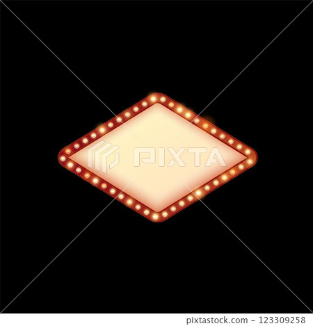 Light bulbs on red vector frame, glowing lamps rhombus border, retro wall billboard, Circus, cinema casino illumination 123309258
