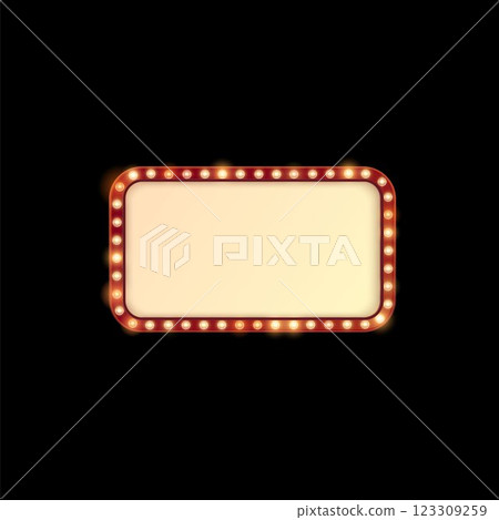 Light bulbs on red vector frame, glow lamps rectangle border, retro billboard, Circus, cinema casino illumination banner 123309259