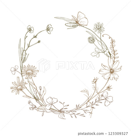 Field, meadow, wild flowers and herbs cosmos, chamomile and butterfly. Line art is a simple hand-drawn illustration in beige, ochre, brown ink. Circle wreath frame vector EPS Field, meadow, wild flowers and herbs cosmos, chamomile and butterfly. Line art is a simple hand-drawn illustration in beige, ochre, brown ink. Circle wreath frame vector EPS 123309327