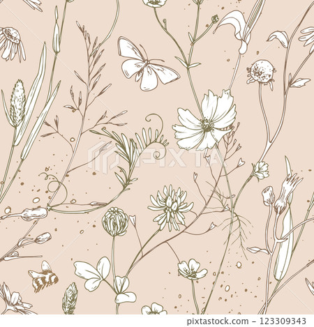 Field, meadow, wild flowers and herbs cosmos, chamomile, clover and insects. Line art is a simple hand-drawn illustration in beige, ochre, brown ink. Seamless pattern on a pink background vector EPS 123309343