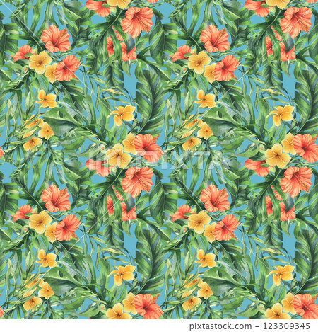 Tropical palm leaves, monstera and flowers of plumeria, hibiscus, bright juicy. Hand drawn watercolor botanical illustration. Seamless pattern on a blue background. 123309345