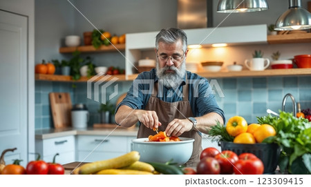 man cooking in a modern bright kitchen 123309415