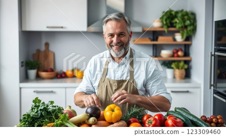 man cooking in a modern bright kitchen man cooking in a modern bright kitchen 123309460