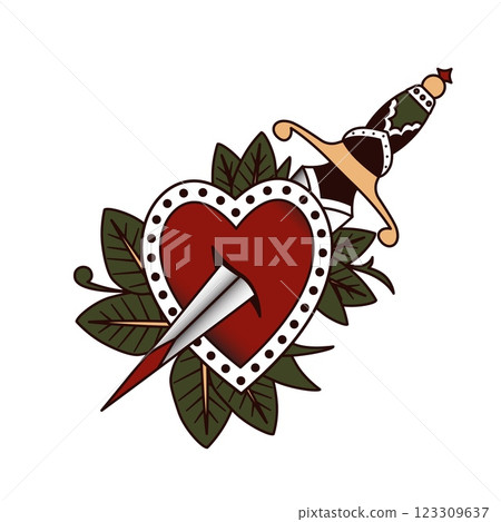 Traditional Tattoo Style Heart with Dagger and Leaves Vector Illustration for Love, Betrayal, and Passion Themes 123309637