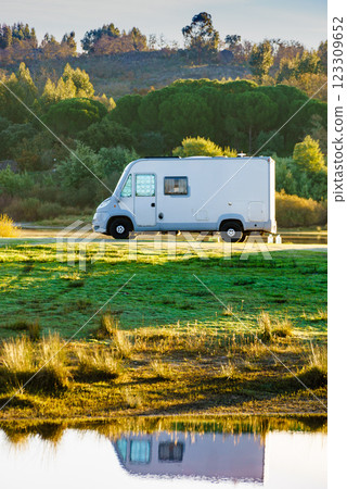 Camper rv camping at lake shore. Alentejo Portugal. 123309652