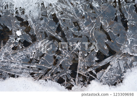 Frozen stream and ice closeup photo. Beautiful winter abstract background in nature. Concept for water and winter time. Frozen stream and ice closeup photo. Beautiful winter abstract background in nature. Concept for water and winter time. 123309698