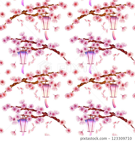 Branches of a spring tree blooming with flowers with a burning Japanese lantern. Seamless pattern of cherry, apple, almond petals on a white. Watercolor template for Hanami, textile, print, wallpaper, 123309710
