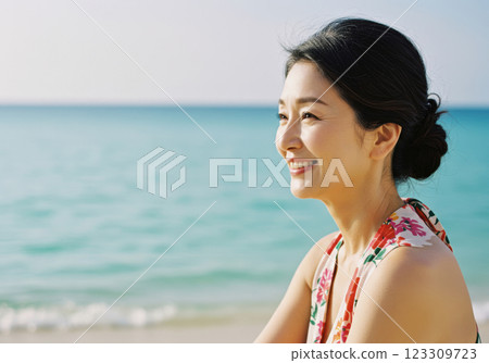 Beautiful senior woman smiling on the beach (AI-generated image) 123309723