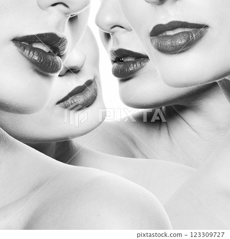 Abstract woman partly visible faces with lipstick collage Abstract woman partly visible faces with lipstick collage 123309727