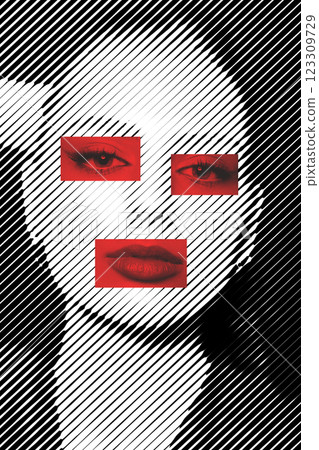 Abstract woman portrait illustration in halftone lines pattern style 123309729