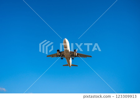 Underside view of an airplane flying through the sky, showcasing aviation technology, flight path, and the freedom of air travel. Underside view of an airplane flying through the sky, showcasing aviation technology, flight path, and the freedom of air travel. 123309913