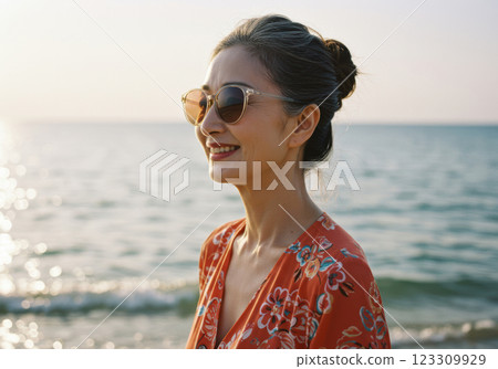 Smiling senior woman wearing sunglasses (AI-generated image) 123309929
