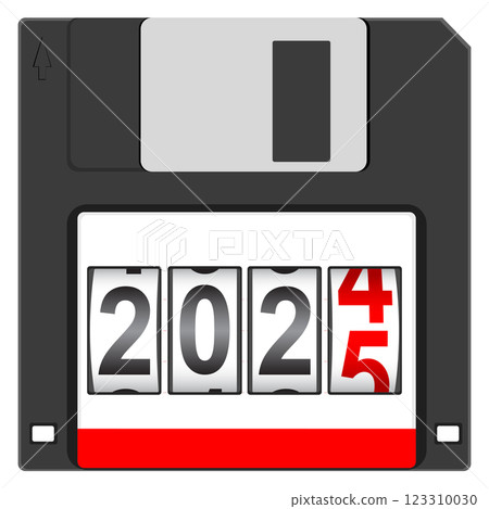 Old floppy disc for computer data storage with 2025 New Year counter isolated on white background 123310030