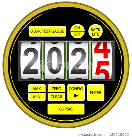 Modern digital gas pressure gauge with new year 2025 number on white background Modern digital gas pressure gauge with new year 2025 number on white background 123310033