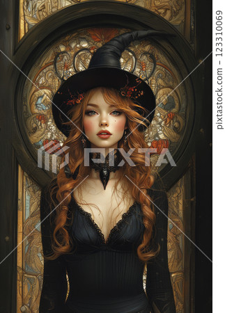Beautiful witch in hat, AI illustration 123310069