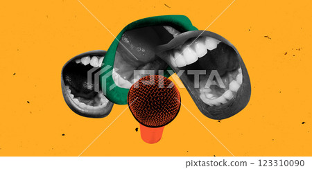Conceptual artwork. Three open mouths shouting towards red microphone against orange background. Concept of business meeting, teamwork Conceptual artwork. Three open mouths shouting towards red microphone against orange background. Concept of business meeting, teamwork 123310090