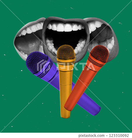Contemporary art collage. Three open mouths speaking into vibrant microphones against green background. Concept of media influence, discussion. Contemporary art collage. Three open mouths speaking into vibrant microphones against green background. Concept of media influence, discussion. 123310092