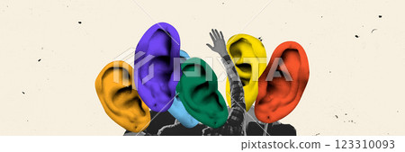 Conceptual artwork. Raised hands among colorful oversized ears against textured background. Copy space. Concept of active listening, public engagement, Conceptual artwork. Raised hands among colorful oversized ears against textured background. Copy space. Concept of active listening, public engagement, 123310093