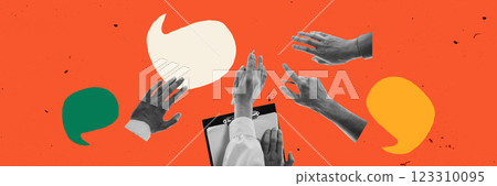 Contemporary art design. Raised hands and floating speech bubbles over clipboard against vibrant orange background. Concept of discussion, idea exchange. 123310095