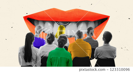 Modern artwork. Audience facing giant lips with bold colors and piercing against textured background. Concept of public speaking, leadership Modern artwork. Audience facing giant lips with bold colors and piercing against textured background. Concept of public speaking, leadership 123310096