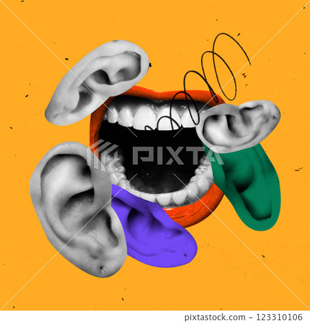 Conceptual artwork. Large mouth with red lips surrounded by ears, sound waves radiating against yellow background. Concept of listening, public, mass media influence 123310106