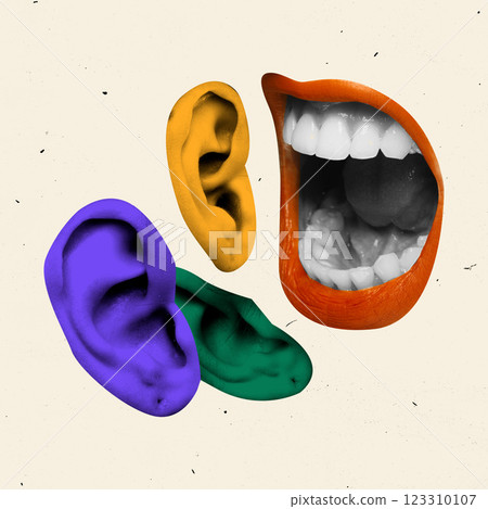 Contemporary art design. Mouth with bright lips speaking to colorful ears floating against textured background. Concept of communication 123310107
