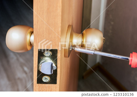 Screwdriver tightens screws securing door knob rose against wooden door face, facilitating lockset installation with visible latch assembly and finished hardware. 123310136