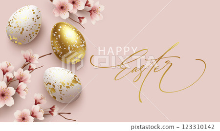 Elegant Easter Greeting Card with Gold and White Decorative Eggs and Spring Cherry Blossom Flower Decorations Elegant Easter Greeting Card with Gold and White Decorative Eggs and Spring Cherry Blossom Flower Decorations 123310142