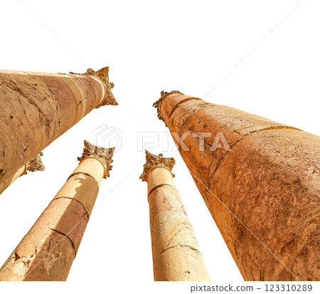Roman Columns in the Jordanian city of Jerash (Gerasa of Antiquity), capital and largest city of Jerash Governorate, Jordan. Carved on white background Roman Columns in the Jordanian city of Jerash (Gerasa of Antiquity), capital and largest city of Jerash Governorate, Jordan. Carved on white background 123310289