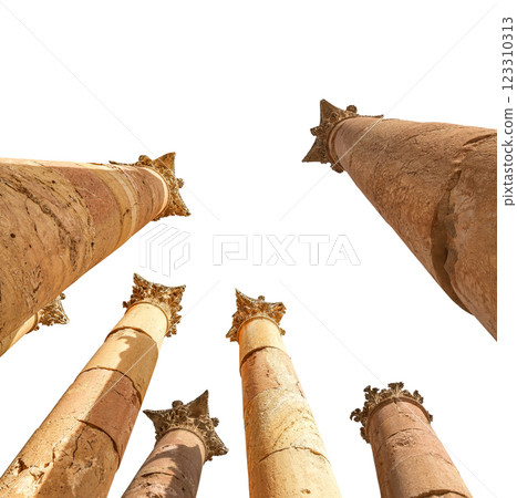Roman Columns in the Jordanian city of Jerash (Gerasa of Antiquity), capital and largest city of Jerash Governorate, Jordan. Carved on white background Roman Columns in the Jordanian city of Jerash (Gerasa of Antiquity), capital and largest city of Jerash Governorate, Jordan. Carved on white background 123310313