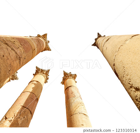 Roman Columns in the Jordanian city of Jerash (Gerasa of Antiquity), capital and largest city of Jerash Governorate, Jordan. Carved on white background Roman Columns in the Jordanian city of Jerash (Gerasa of Antiquity), capital and largest city of Jerash Governorate, Jordan. Carved on white background 123310314