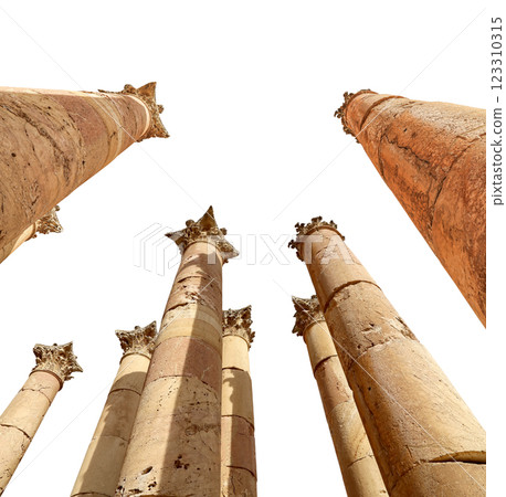 Roman Columns in the Jordanian city of Jerash (Gerasa of Antiquity), capital and largest city of Jerash Governorate, Jordan. Carved on white background Roman Columns in the Jordanian city of Jerash (Gerasa of Antiquity), capital and largest city of Jerash Governorate, Jordan. Carved on white background 123310315
