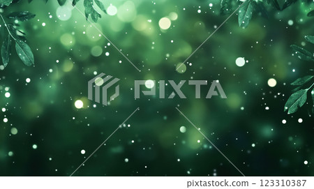 A dreamy blurred forest background with green foliage and soft bokeh light effects, creating a peaceful, natural atmosphere. 123310387