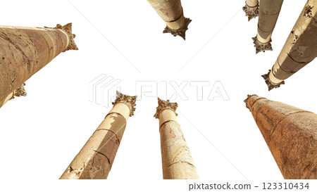 Roman Columns in the Jordanian city of Jerash (Gerasa of Antiquity), capital and largest city of Jerash Governorate, Jordan. Carved on white background 123310434