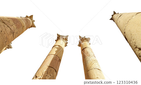 Roman Columns in the Jordanian city of Jerash (Gerasa of Antiquity), capital and largest city of Jerash Governorate, Jordan. Carved on white background 123310436