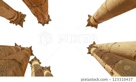 Roman Columns in the Jordanian city of Jerash (Gerasa of Antiquity), capital and largest city of Jerash Governorate, Jordan. Carved on white background 123310437